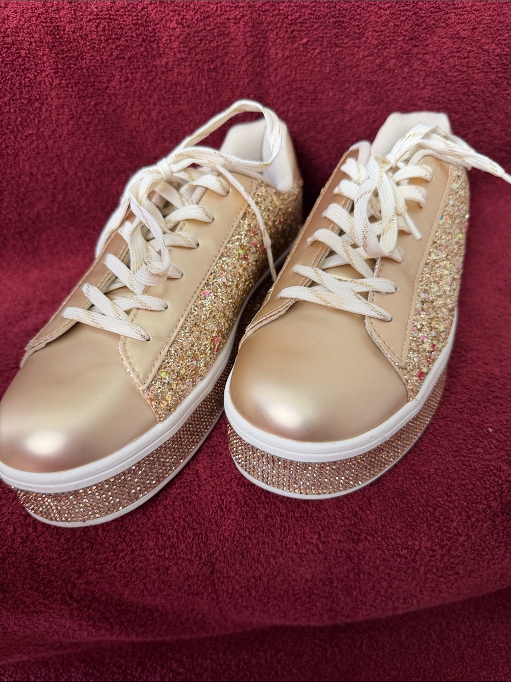 Women's Glitter Platform Lace-Up Sneakers in Gold